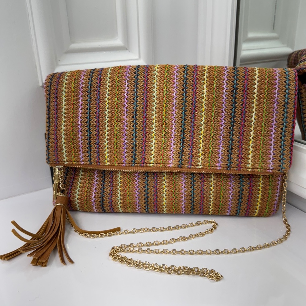 Multicolor Woven Straw Foldover Clutch with Tassel and Chain Strap